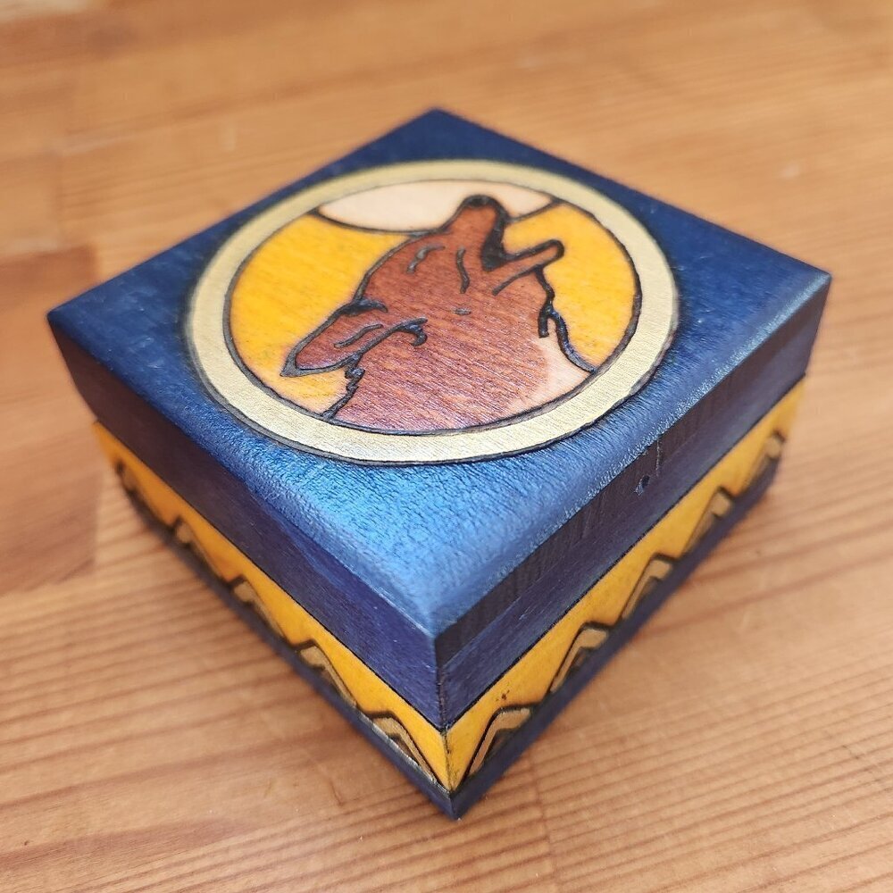 Wooden box by EWB Enchanted World Boxes Etched Wolf Howling Moon Southwestern